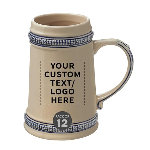 Custom Ceramic German Beer Steins 18.5 oz. Set of 12, Personalized Bulk Pack - Restaurant Barware, Great for Oktoberfest, Wedding, Party, Birthday, Events - Blue