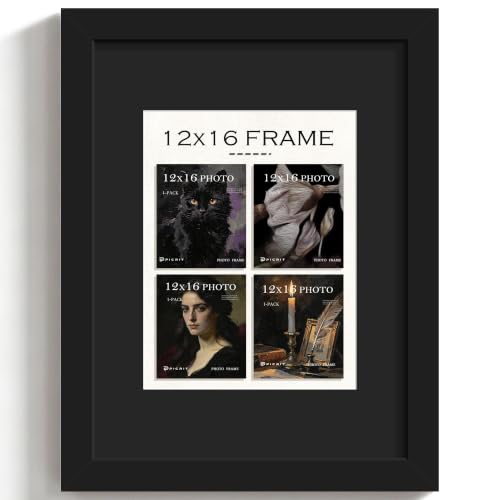 Picrit 12x16 Black Wooden Picture Frame, Black 8.5x11 Mat, Tempered Glass