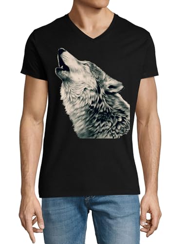 T-shirt loup blanc col en V noir pour homme en coton sauvage