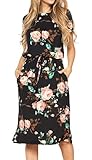 Simier Fariry Womens Summer Modest Short Sleeve Teacher Travel Outfits Tee Shirt Midi Work Casual Dress Floral Black L