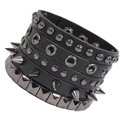Eigso Unisex Mens Black Punk Leather Rock Studded Cuff Bracelet Set for Men Women Vintage Retro 80s Classic Goth Wristband Set for Man Woman