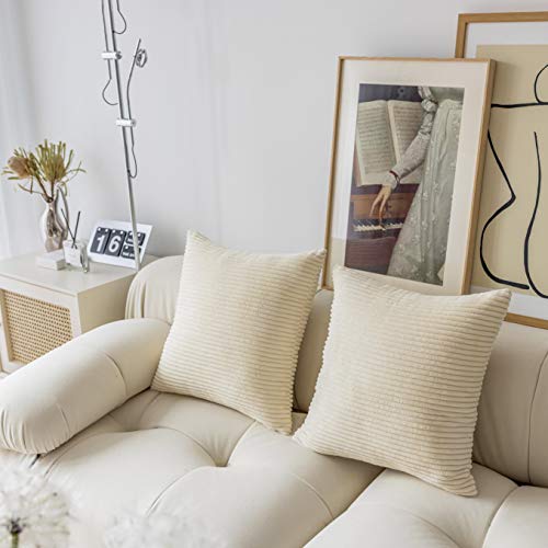 Demetex 18X18 Throw Pillow Covers Plush Corduroy Cream Pillow Covers Set Of 2 Striped Velvet Throw Pillows For Couch Bench Sofa, 18X18 Inch, Cream #TOP2