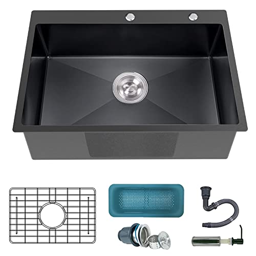 Black Kitchen Sink, Topmount Stainless Steel Bar Sink 30X22X9 Inch Drop In Single Bowl Kitchen Sink With Accessories-Sink Grid,Strainer Basket,Soap Dispenser,Drain Assembly Set For Modern Kitchen Sink #TOP10