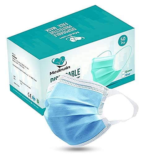 Medinain 3 Ply and Disposable With Soft Elastic Ear Loops With Built-In Adjustable Nose Pin, and 95% Particle Filtration CE, and ISO and WHO-GMP Certified Surgical Face Mask