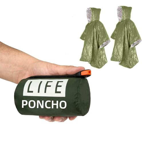 JUBSOSCAMP Emergency Poncho, 48.8 x 39 in Hiking Poncho with Drawstring Bag Plastic Whistle for Adults Car Outdoor Activities, Hiking, Camping Gear (2 Green)