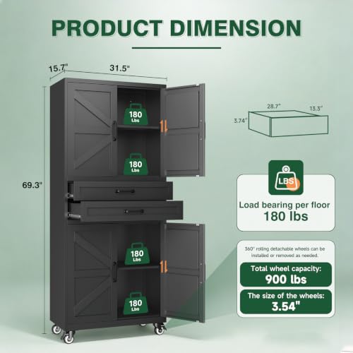 Image of Letaya Metal Garage Storage Cabinets with Wheels,Black Rolling Tool Cabinet