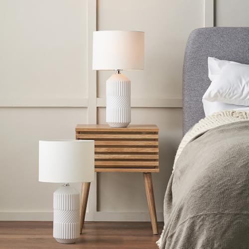 Pacific Lifestyle Set of 2 White Geometric Pattern Tall Ceramic Table Lamps | Duo of Scandi Geo Textured Embossed Bedroom Lamps | Coastal Nordic Accent Light Pair | 2 x Bedside Table Lamps
