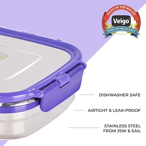 Image of Veigo Original Set Pack of 3 Stainless Steel Airtight & Leakproof Medium Lunch Box with Silicon Ring & Polymer Frame for Re-Heating|Safe Lid Lock|Square (330ML) Violet Purple