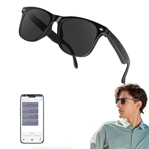 Smart glasses with AI translation feature, displayed alongside a smartphone showing text messages, illustrating high-tech gadget for adults in 2025.