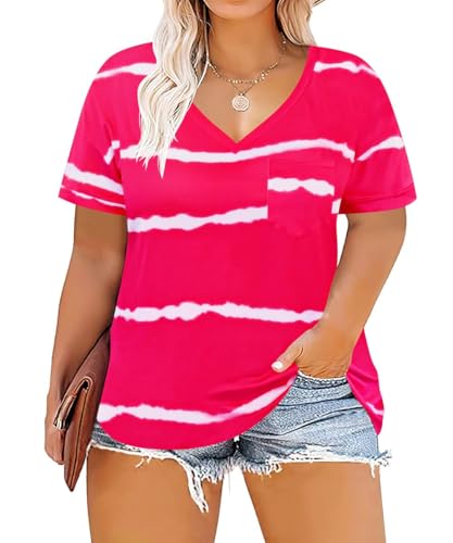 Image of TIYOMI Plus Size Tops for Women V Neck Tshirts Basic Tunic Casual Hawaii Floral Tie Dye Camo Summer Short Sleeve Tee XL-5XL