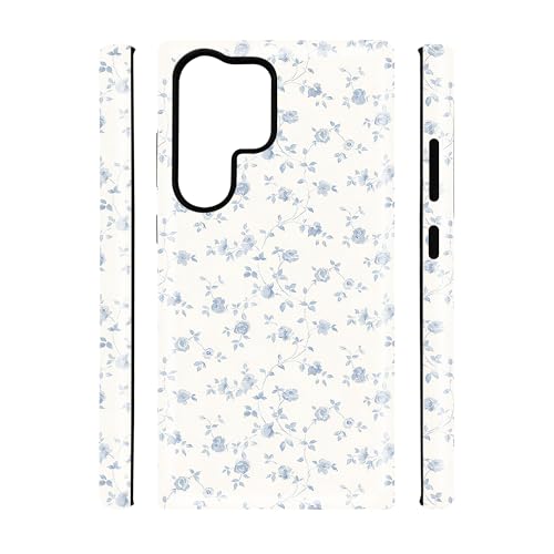 qizjio Vintage Blue Rose Floral Aesthetic Phone Case, Shockproof Protective Cover for Samsung Galaxy S23 Ultra