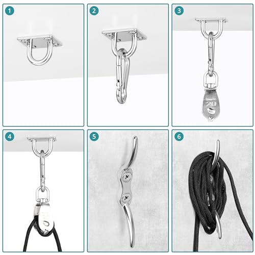 Belle Vous M20 Stainless Steel Crane Pulley Block - Lifting Crane Swivel Hook Single Hanging Wire Towing Wheel with Nylon Line Rope, Carabiner Clip & Eye Pad Plate - 150kg/330lbs Loading Capacity - Image 5