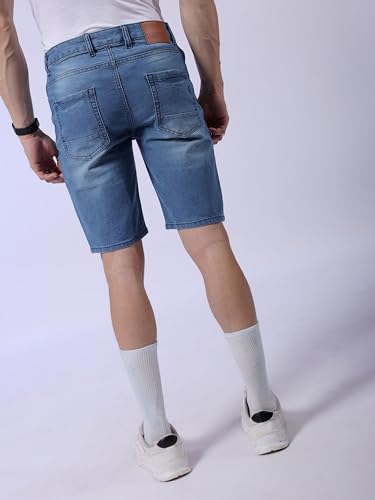 Image of The Indian Garage Co Men Slim Fit Solid Mid-Rise Denim Shorts