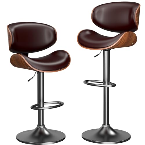 Image of YaFiti Bar Stools Set of 2, Bar Stools for Kitchen Island with Bentwood Back and Leather Seat, Swivel Barstools for Kitchen Counter, Bar, Brown