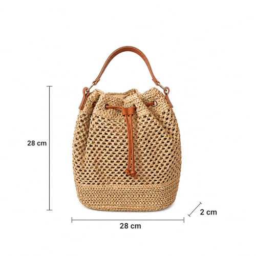 Image of Handmade Woven Straw Bucket Bag for Women Summer Casual Shoulder Purse Boho Style Drawstring Closure Lightweight Crossbody Tote Natural Fiber Beach Bag Travel Accessory with Adjustable Strap