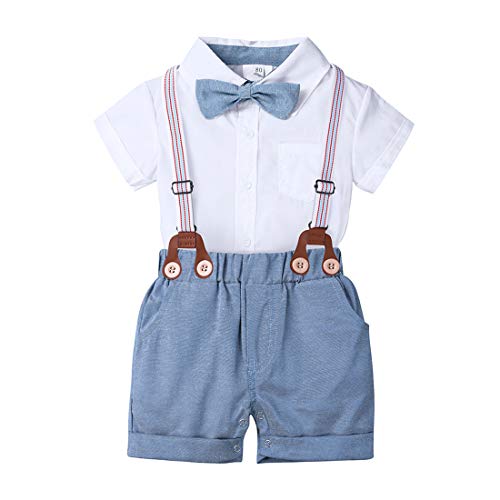 2PCS Baby Boys Gentleman Outfits Suits, Infant Short Sleeve Shirt with Bow Tie+Bib Pants Overalls Clothes Set White