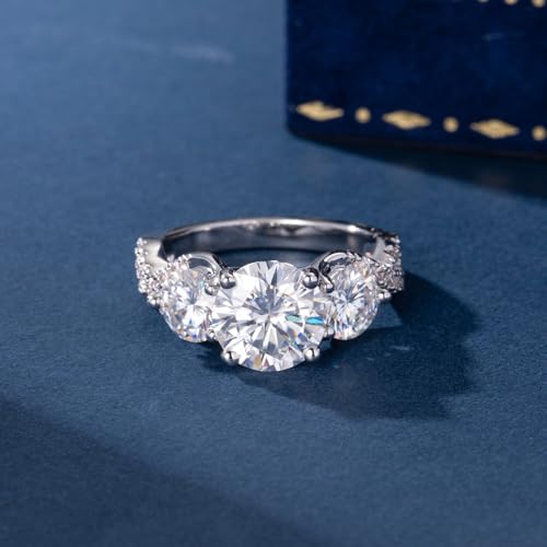 4.6CT 3 Stone Moissanite Engagement Ring, D Color VVS1 Round Cut 925 Sterling Silver Anniversary Wedding Promise Ring for Women, Size 5-104