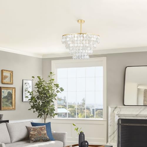 PUUPA Natural Capiz Shell Chandelier, Coastal Modern Chandelier, Hanging Round Layered Pendant Lighting(4 Light, Gold) - Image 2