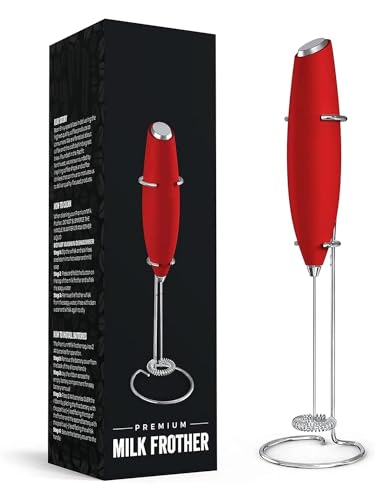 Nikah's Housepie Powerful Handheld Milk Frother, Mini Milk Frother Wand, Battery Operated Stainless Steel Milk Frother Stand for Milk Coffee, Lattes, Cappuccino, Frappe, Matcha, Hot Chocolate (RED)