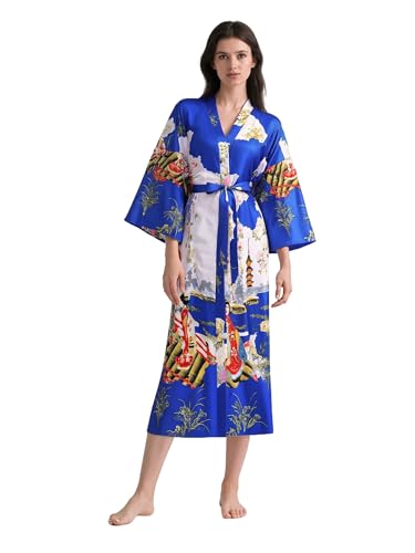 Image of PRODESIGN Kimono Robe for Women - Long Satin Sleepwear Silky Kimono Cover-Up Nightgown Japanese Bathrobe Loungewear Blouse