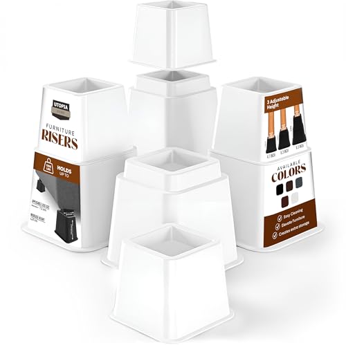 Utopia Bedding Adjustable Bed Furniture Risers - Elevation in Heights 3, 5 or 8 Inch Heavy Duty Risers for Beds and Under Bed Storage - Supports up to 1,300 lbs - (Set of 4 Riser, White)