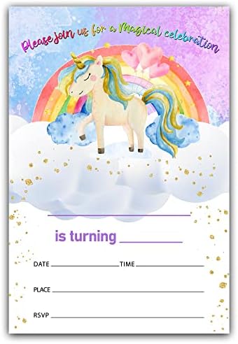 JRRILIOA 20 Unicorn Birthday Party Invitation Cards With Envelopes - Unicorn Rainbow Birthday Party Favors - Kids Teens Birthday Celebrate Decoration Supplies - sri-014