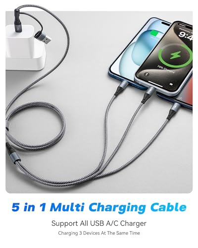 5 in 1 Multi Charging Cable,2Pack 4Ft Multiple Charger Cable USB A/C to Lightning/Type C/Micro USB Ports Multi Charger Cord Travel Universal Charging Cord for iPhone Series/Samsung/Tablets and More