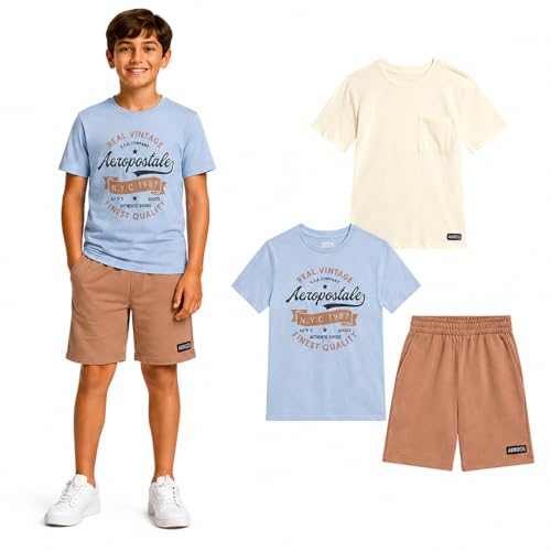 Image of AEROPOSTALE Boys Athletic Shorts Set 3 Piece Graphic T Shirts Fleece Shorts | Soft Breathable Jersey Tees, Elastic Waistband, Side Pockets, Screen-print Design, Durable Stitching for School & Play