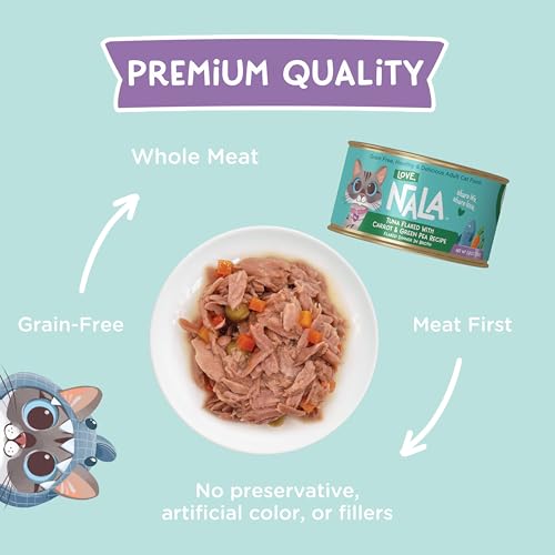 Image of LOVE, NALA - Natural Adult Cat Wet Food - FLAKED Tuna with Carrot & Green Pea in Broth - Grain Free, Non-GMO, Lean Protein, Added Minerals & Vitamins - 12 Pack, 2.4 lbs.