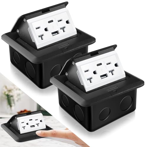 Hoolerry 2 Pack Pop up Floor Outlet Floor Kit Waterproof Electrical Outlet Cover Box with 4.8A USB A & Type C Charge and 20 Amp Tamper Resistant Socket Receptacle for Countertop Office Home (Black)