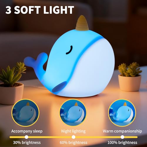 Image of Narwhal Night Light, USB-C Rechargeable Silicone Lamp with Tap Control, 3-Level Dimming & 30-Min Auto Timer, 7-Color Changing Squishy Nursery Light, Birthday Gift for Kids