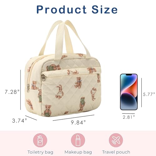 Large Size Quilted Coquette Makeup Bag, Cute Preppy Floral Cotton Travel Cosmetic Organizer Bag with Top Handle, Multi-Layer Travel Toiletry Pouch for Girls (04Bear)2