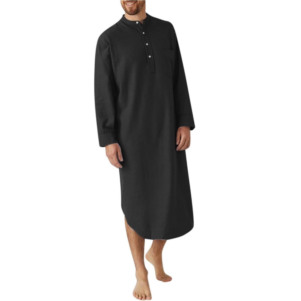 Herren-Kaftan-Thobe, langärmelige Henley-Hemden mit Knopfleiste, lässiges muslimisches Hemd aus Baumwollleinen, seitlich geschlitztes traditionelles muslimisches Kleid Kurta, ethnische Kleidung