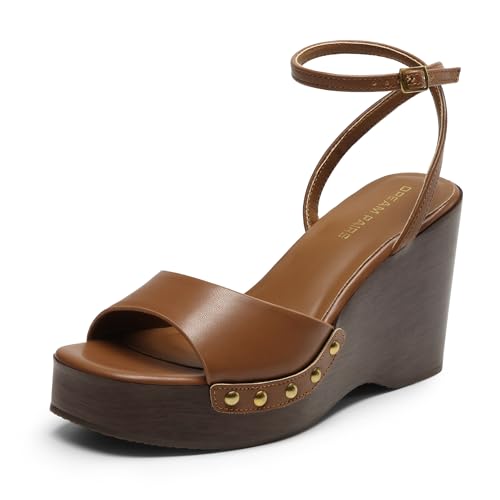 DREAM PAIRS Wedge Sandals for Women,Dressy Platform Square-Toe Ankle Buckle Studded Fashion Sandals for Summer 6.5 Tan