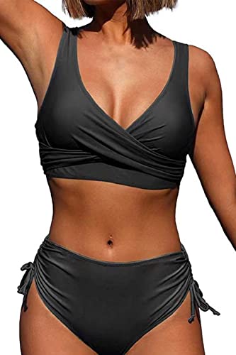 Joligiao Mujer Conjunto de Bikini Cintura Alta Fruncido Traje de Baño Dos Piezas Twisted Bañador de Baño Bikini Bottoms Control de Vientre Ropa de Playa Conjuntos de Bikini(Negro,L)