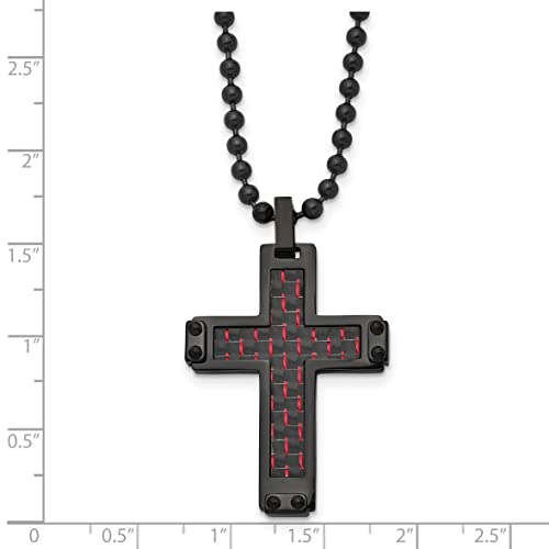 Avariah Chisel Stainless Steel Polished Black IP-plated with Black and Red Carbon Fiber Inlay Cross Pendant on a Ball Chain Necklace - 22\"