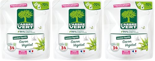 L'Arbre Vert Recharge Lessive Ecolabel Savon Végétal - Hypoallergénique - 34 Lavages - 94% d'ingrédients d'origine naturelle - 1,53L (Lot de 3)