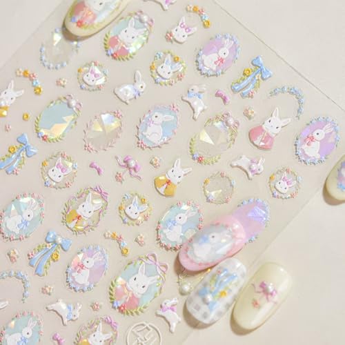 Image of Rabbit Nail Art Sticker Easter Nail Decals Cartoon Nail Stickers for Nails Art Self Adhesive 5D Embossed with Pearl Design Nails Charm for Women DIY Manicure Supplies
