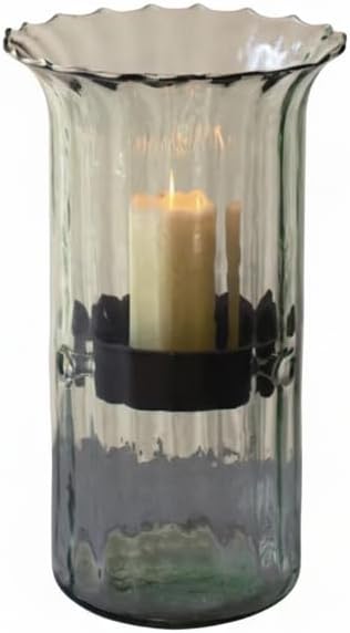 First of a Kind Large Glass Candle Holder - Hurricane Candle Holder with Rustic Insert, Mouthblown by Artisans in Colombia - Perfect for Home Decor, Centerpieces, Display with Personal Memorabilia