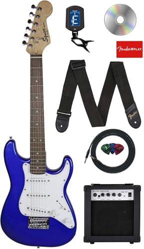 fender squier 34-size kids mini strat electric guitar - blue bundle with amplifier cable tuner strap picks online lessons and austin bazaar instructional dvd