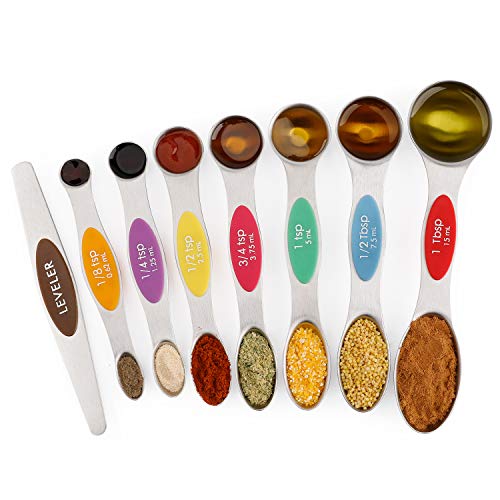 Magnetic Measuring Spoons Set of 8 Dual Sided Stainless Steel for Dry and Liquid Ingredients Teaspoon and Tablespoon Metal Measure Spoon