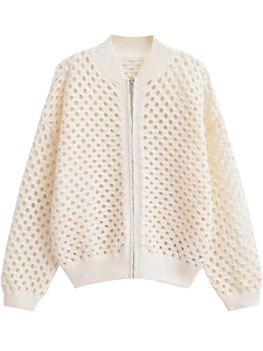 Disimlarl Chaqueta bomber de punto para mujer, estilo vintage, cuello redondo, manga larga, con cremallera, versátil, beige, S