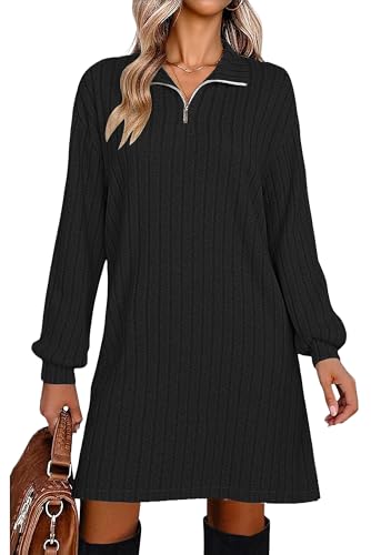 Halife Fall Long Sleeve Dresses for Women 2025 Black Knit Sweater Dress Casual Winter Outfits V Neck Tunic Dress L