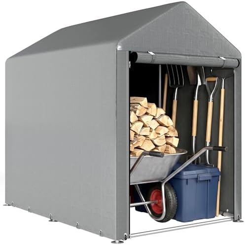 Outsunny 4 x 6ft Portable Shed, Outdoor Storage Shed Tent with Galvanised Steel Frame and Roll-up Door for Motorcycle, Bike, Garden Tools, Light Grey