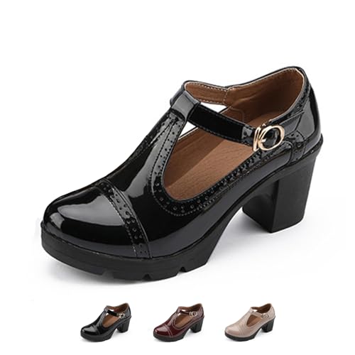 Women's Platform Chunky Heel T-Strap Mary Jane Pumps Shoes Retro Round-Toe Patent Leather Mid Block Heel Brogue Shoes Classic Dress Oxfords Shoes