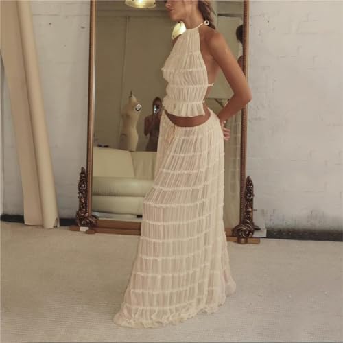 Women Two Piece Maxi Skirt Set Y2k Sleeveless Crop Cami Top Ruffle Tiered Flowy Long Skirt Vacation Beach Outfits 5