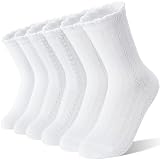 EBMORE Rüschen Kindersocken für Mädchen, Atmungsaktive Baumwolle Weiß Socken Kinder 6 Paar, ideal für Schuluniform, Outdoor und als Geschenk(Weiß, 5-8 Jahre)