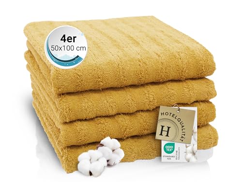 ZOLLNER 4 Toallas de Lavabo Premium, 50x100 cm, 100% algodón, Amarillo Mostaza
