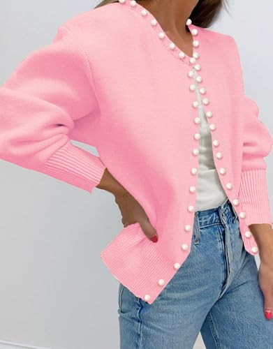 Kedera Pearl Trim Cardigan Spring Pink Sweater for Women Dressy 2025 Open Front Long Sleeve Beading Knit Outwear4