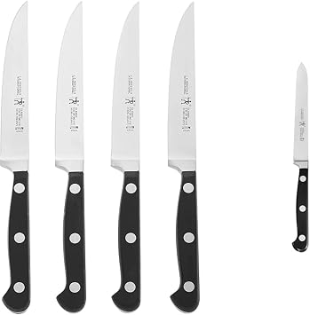 HENCKELS Classic Razor-Sharp Steak Knife Set of 4, German Engineered Informed by 100+ Years of Mastery, Black/Stainless Steel and ZWILLING HENCKELS Classic Razor-Sharp 5-inch Serrated Utility Knife, Tomato Knife